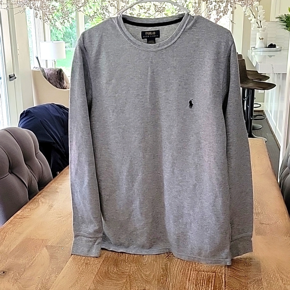 Men's long sleeve, thermal, grey shirt.  Ralp Lauren, Polo.  Size large